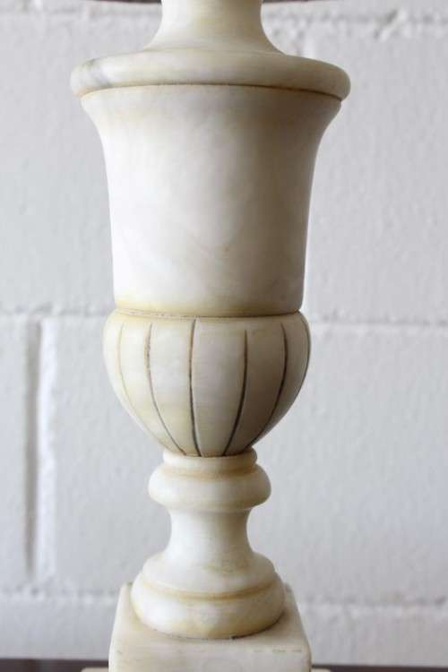 A wonderful vintage/ antique? white Italian marble table lamp with a silver/ grey fabric lamp shade