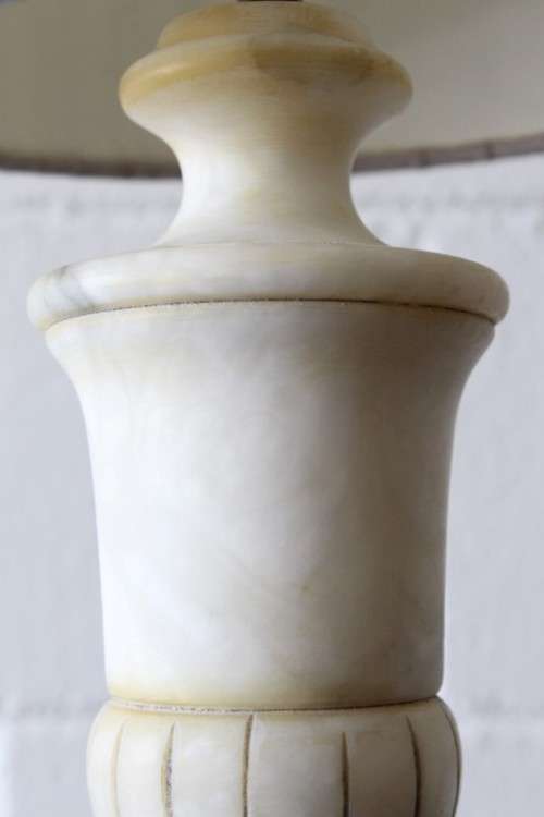 A wonderful vintage/ antique? white Italian marble table lamp with a silver/ grey fabric lamp shade
