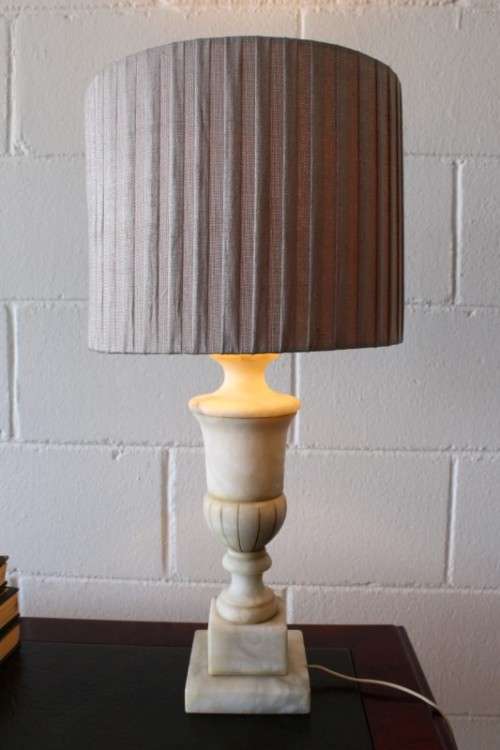 A wonderful vintage/ antique? white Italian marble table lamp with a silver/ grey fabric lamp shade