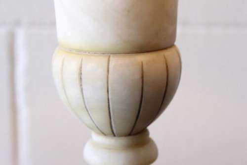 A wonderful vintage/ antique? white Italian marble table lamp with a silver/ grey fabric lamp shade