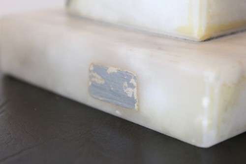 A wonderful vintage/ antique? white Italian marble table lamp with a silver/ grey fabric lamp shade