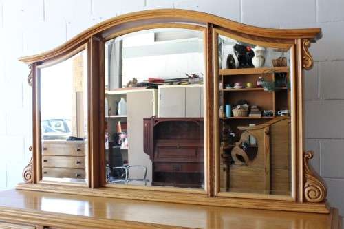 **RS17** A large Oak tri-mirror dressing table with seven spacious drawers and a matching stool!!