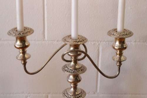 **RS17** Top-quality tall 3-candle silver plated candelabra w twirled arms & interchangeable holders
