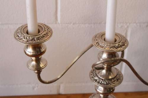 **RS17** Top-quality tall 3-candle silver plated candelabra w twirled arms & interchangeable holders