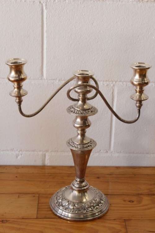 **RS17** Top-quality tall 3-candle silver plated candelabra w twirled arms & interchangeable holders