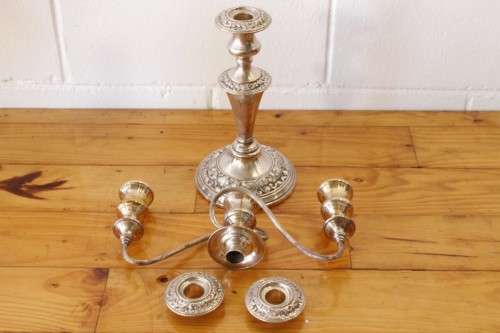 **RS17** Top-quality tall 3-candle silver plated candelabra w twirled arms & interchangeable holders