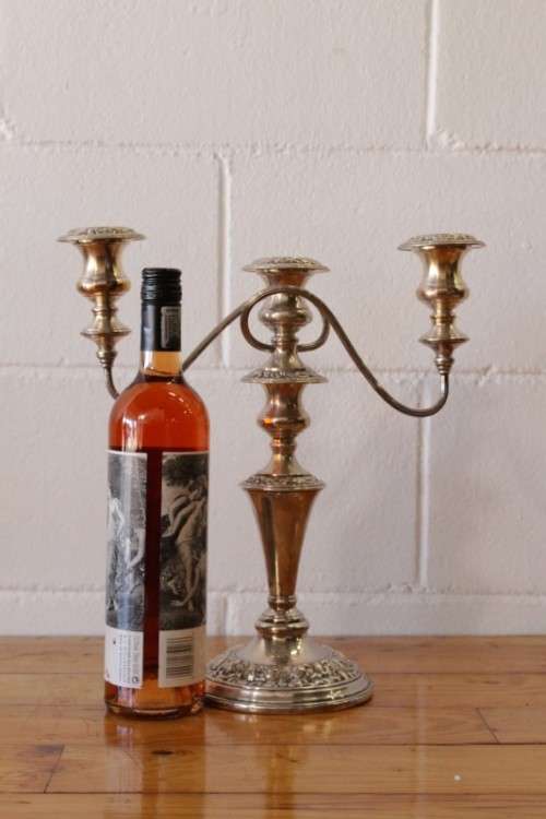 **RS17** Top-quality tall 3-candle silver plated candelabra w twirled arms & interchangeable holders