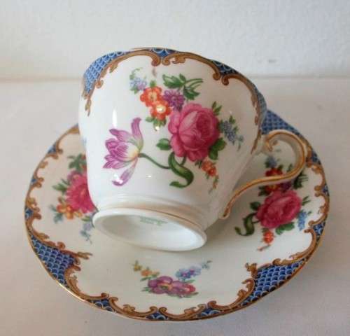 A beautiful vintage "Aynsley" fine bone china "Wilton Blue" pattern trio, gorgeous on display.