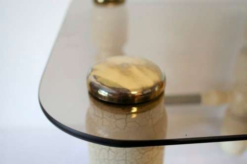 3 fantastic crackle effect side tables with tinted glass tops and metal caps. Price is per table.