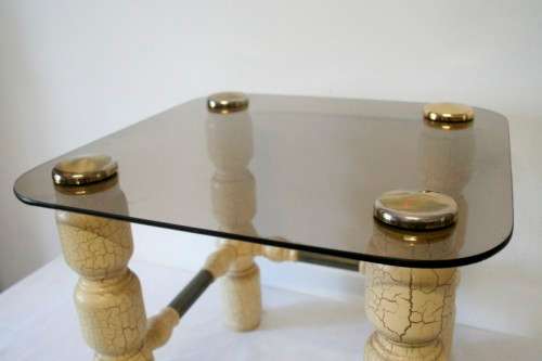 3 fantastic crackle effect side tables with tinted glass tops and metal caps. Price is per table.