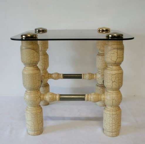 3 fantastic crackle effect side tables with tinted glass tops and metal caps. Price is per table.