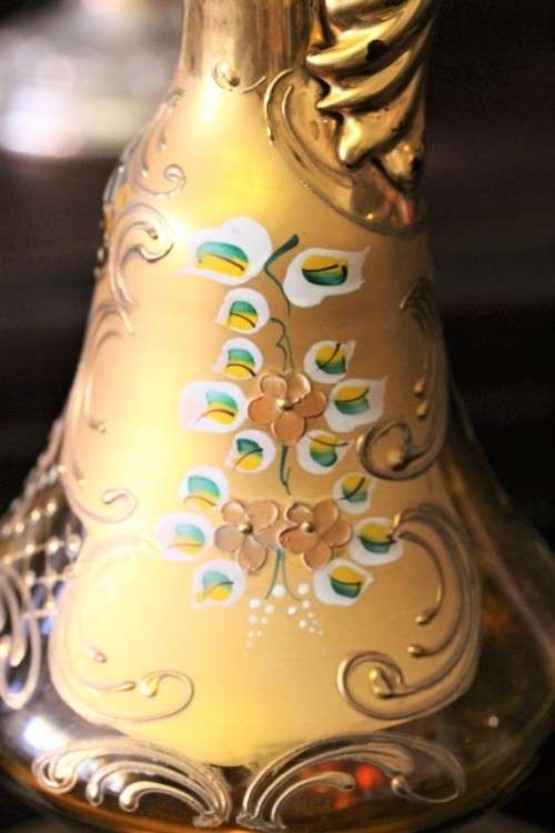 **RS17** Beautiful tall hand painted Bohemian amber glass stemmed liqueur decanter with gold gilt