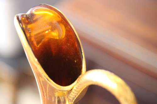 **RS17** Beautiful tall hand painted Bohemian amber glass stemmed liqueur decanter with gold gilt