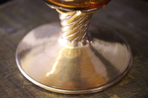 **RS17** Beautiful tall hand painted Bohemian amber glass stemmed liqueur decanter with gold gilt