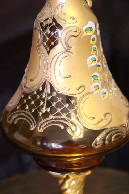 **RS17** Beautiful tall hand painted Bohemian amber glass stemmed liqueur decanter with gold gilt