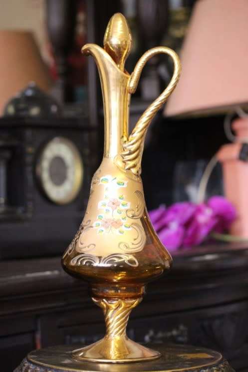 **RS17** Beautiful tall hand painted Bohemian amber glass stemmed liqueur decanter with gold gilt