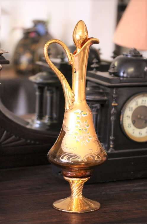 **RS17** Beautiful tall hand painted Bohemian amber glass stemmed liqueur decanter with gold gilt