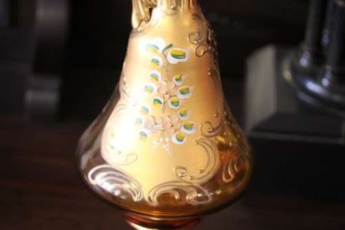 **RS17** Beautiful tall hand painted Bohemian amber glass stemmed liqueur decanter with gold gilt