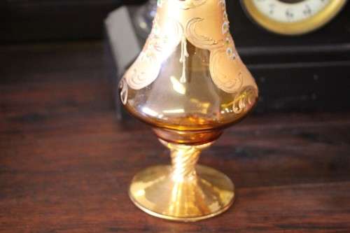**RS17** Beautiful tall hand painted Bohemian amber glass stemmed liqueur decanter with gold gilt