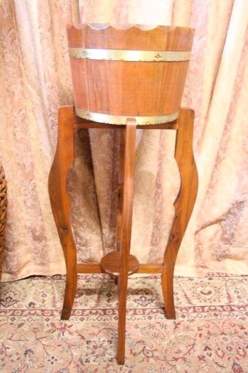 A superb vintage tall Imbuia planter stand with a brass-ring bowl in wonderful condition