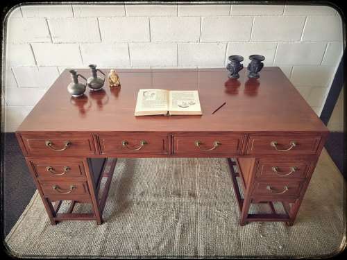 Spectacular vintage "Hualimu" (Oriental Rosewood) 16-drawer full partners desk w solid brass handles