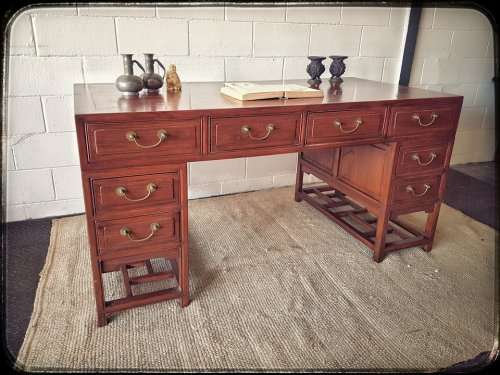 Spectacular vintage "Hualimu" (Oriental Rosewood) 16-drawer full partners desk w solid brass handles