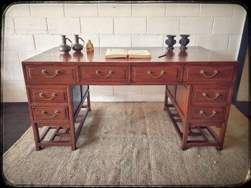 Spectacular vintage "Hualimu" (Oriental Rosewood) 16-drawer full partners desk w solid brass handles