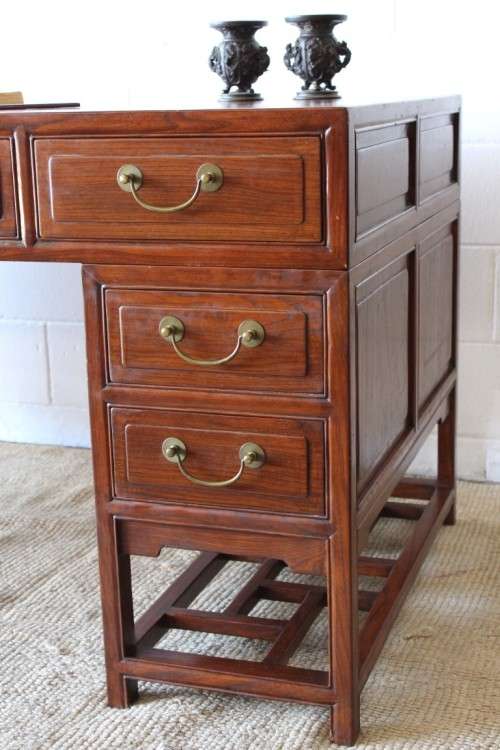 Spectacular vintage "Hualimu" (Oriental Rosewood) 16-drawer full partners desk w solid brass handles