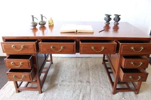 Spectacular vintage "Hualimu" (Oriental Rosewood) 16-drawer full partners desk w solid brass handles
