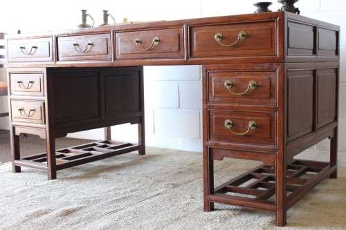 Spectacular vintage "Hualimu" (Oriental Rosewood) 16-drawer full partners desk w solid brass handles