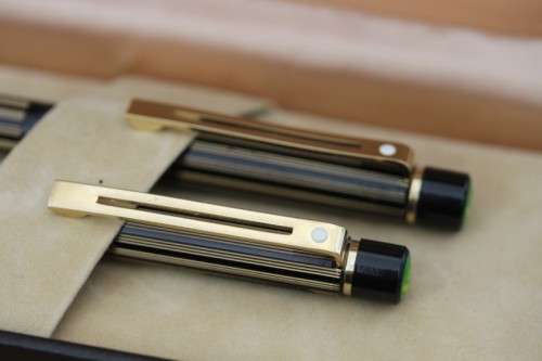 **RS17** Boxed Sheaffer Targa 675 Regency Stripe gold plated fountain pen & ballpoint pen set