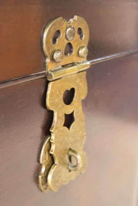 Gorgeous & solidly built solid stinkwood ball & claw kist w/ a smalls shelf & brass embellishments