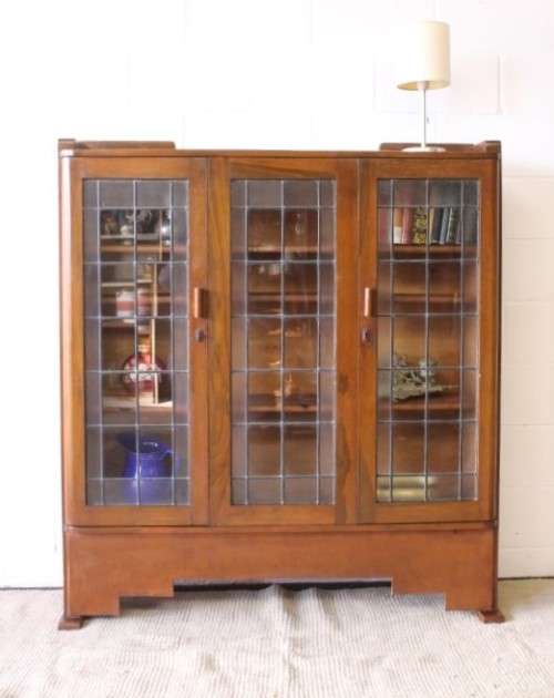 A stunning antique Art Deco 3-shelf lead-glass door front double door book case/ display cabinet