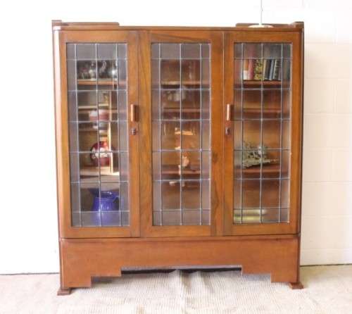 A stunning antique Art Deco 3-shelf lead-glass door front double door book case/ display cabinet