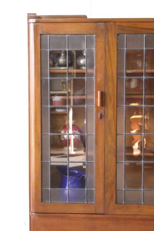A stunning antique Art Deco 3-shelf lead-glass door front double door book case/ display cabinet