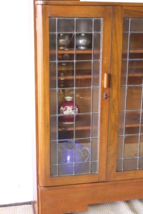 A stunning antique Art Deco 3-shelf lead-glass door front double door book case/ display cabinet
