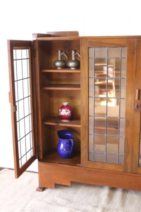 A stunning antique Art Deco 3-shelf lead-glass door front double door book case/ display cabinet