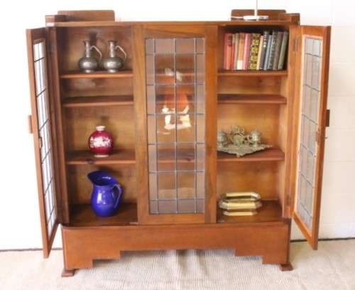 A stunning antique Art Deco 3-shelf lead-glass door front double door book case/ display cabinet