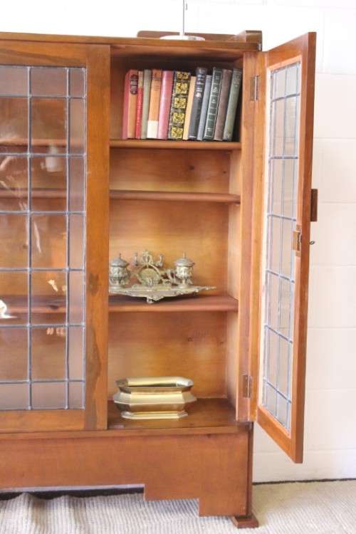 A stunning antique Art Deco 3-shelf lead-glass door front double door book case/ display cabinet