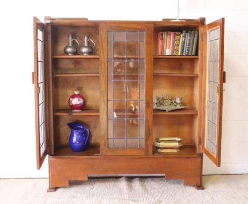 A stunning antique Art Deco 3-shelf lead-glass door front double door book case/ display cabinet