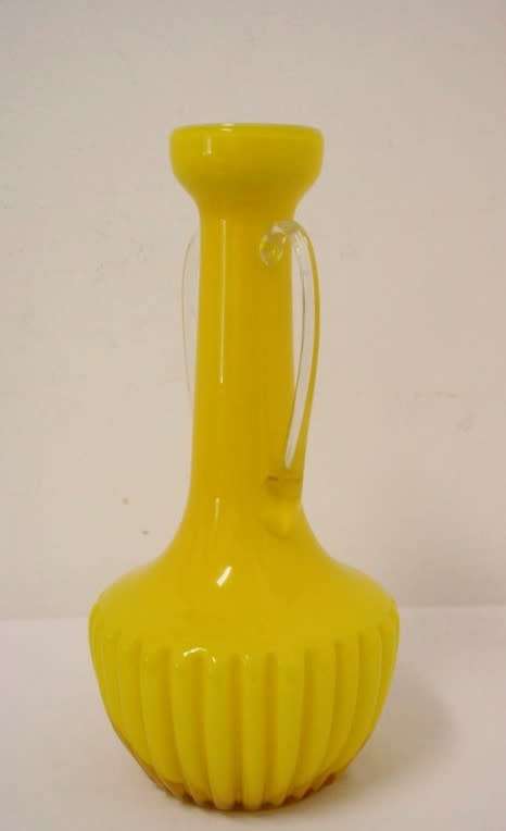 A superb vintage Retro Kanawha glass yellow with white interior handled vase.