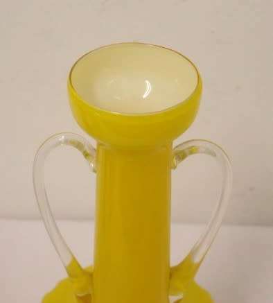 A superb vintage Retro Kanawha glass yellow with white interior handled vase.