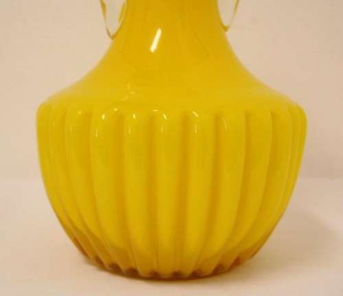 A superb vintage Retro Kanawha glass yellow with white interior handled vase.