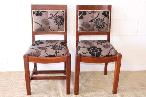 **RS17** Two awesome solidly made teak occasional chairs upholstered in a sand-beige & black fabric