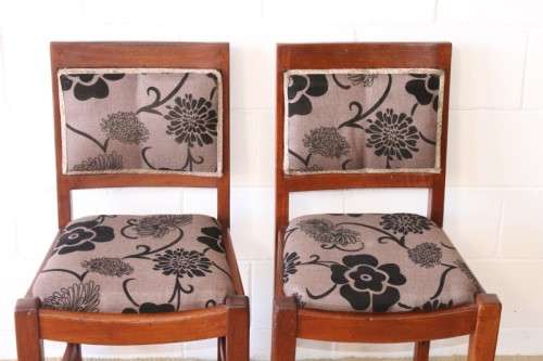 **RS17** Two awesome solidly made teak occasional chairs upholstered in a sand-beige & black fabric