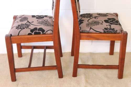 **RS17** Two awesome solidly made teak occasional chairs upholstered in a sand-beige & black fabric