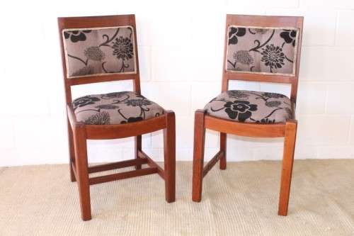 **RS17** Two awesome solidly made teak occasional chairs upholstered in a sand-beige & black fabric