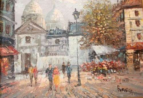 A beautiful original signed and framed "Burnett" oil painting of a village scene.