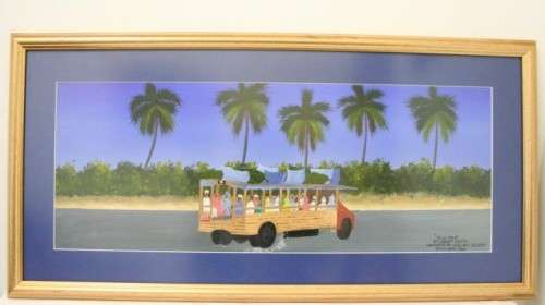 **RS17** A colourful signed and framed behind glass "Robert Nesta" painting "Dala Dala" Zanzibar.