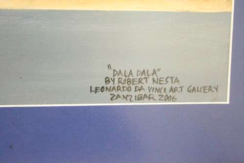 **RS17** A colourful signed and framed behind glass "Robert Nesta" painting "Dala Dala" Zanzibar.